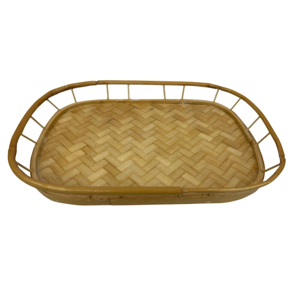Vintage Handwoven Bamboo Serving Tray 13" x 9" Rectangular MCM Tiki